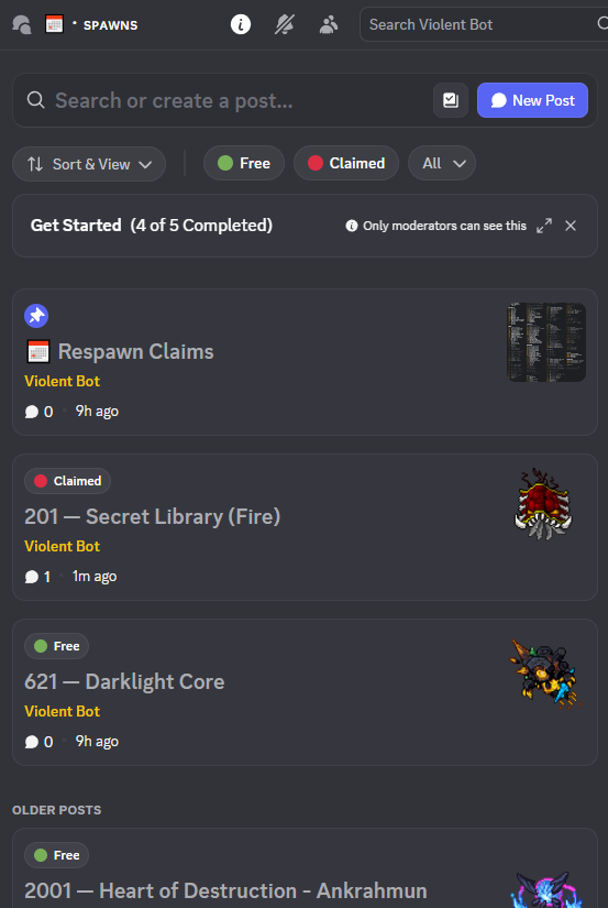 The spawns forum in Discord, listing respawns as free or claimed